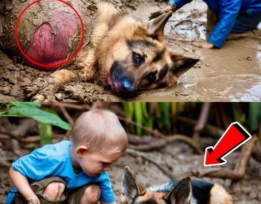 Baby Found a Pregnant German Shepherd Half-Buried in Mud – What Baby Did Next Everyone to Tears!