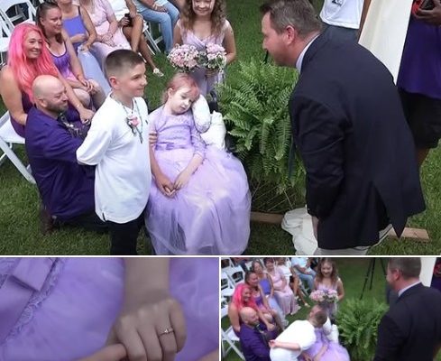 Brave little girl wheeled down the aisle by dad to marry school sweetheart days before passing away