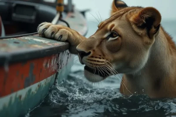 A lioness cast adrift in the sea! The one she chose to swim to will always remember that moment…